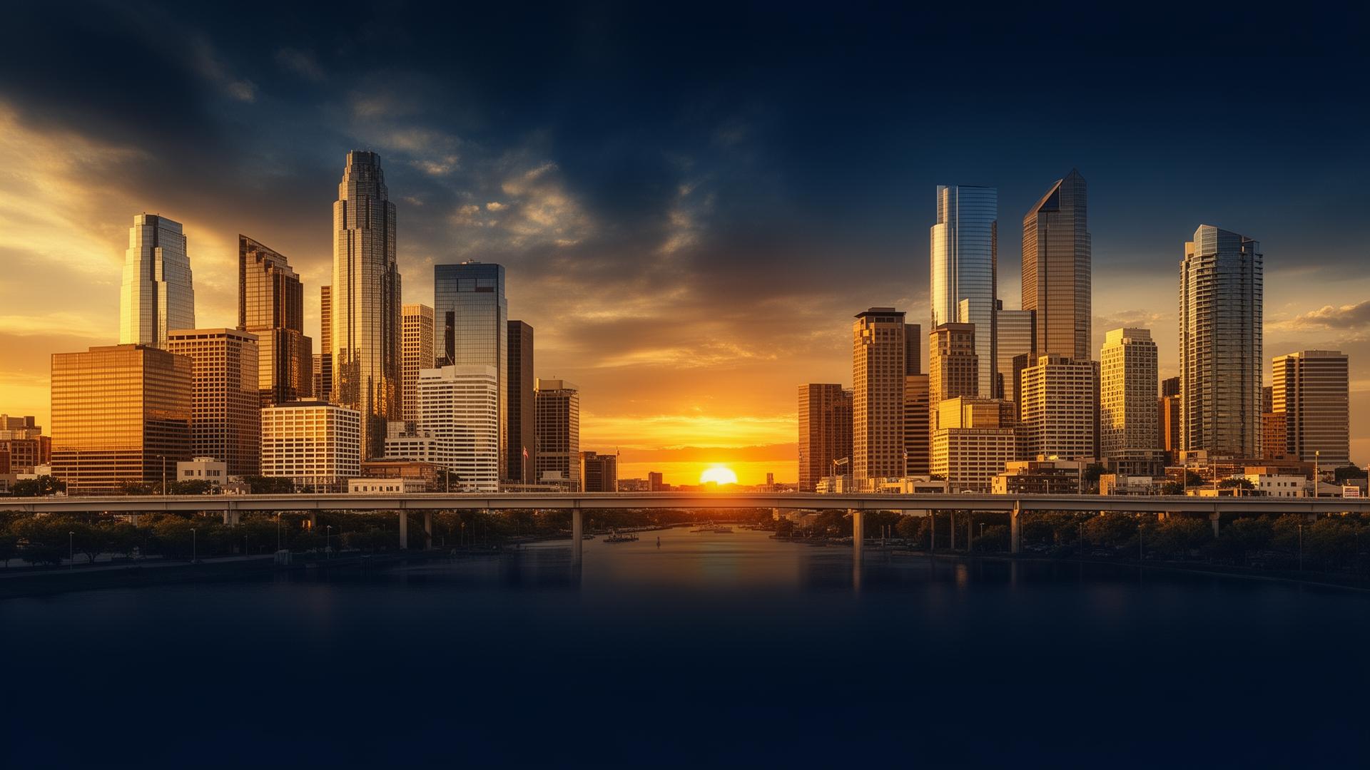 Composite skyline blending a modern U.S. city with an emerging East African urban center at dusk